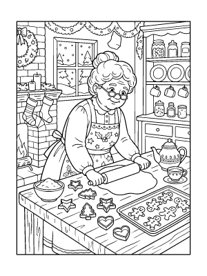 Line art of a woman in an apron rolling out cookie dough in a kitchen with a tray of gingerbread men.