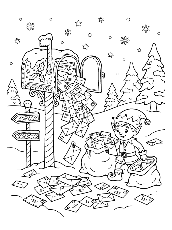 A coloring page of a small elf sorting letters from an overflowing north pole mailbox into large sacks in a snowy scene.