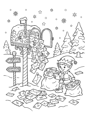 A coloring page of a small elf sorting letters from an overflowing north pole mailbox into large sacks in a snowy scene.