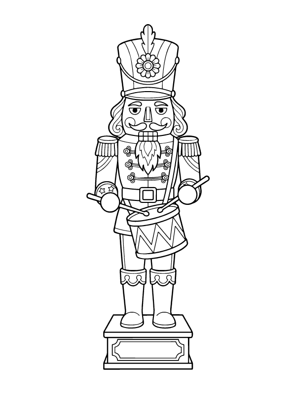 Line art coloring page of a nutcracker soldier with a tall hat, mustache, and a drum.