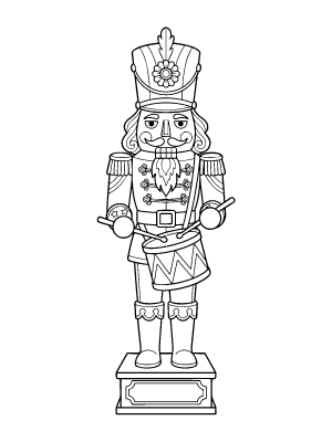 Line art coloring page of a nutcracker soldier with a tall hat, mustache, and a drum.