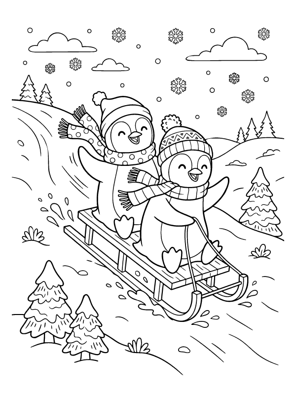 Two penguins riding sleds down a snowy hill with scarves blowing in the wind.