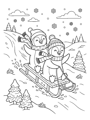 Two penguins riding sleds down a snowy hill with scarves blowing in the wind.