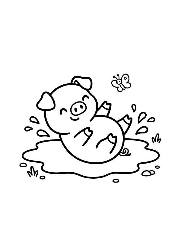 A simple line drawing of a happy pig lying on its back in a mud puddle with a butterfly nearby.