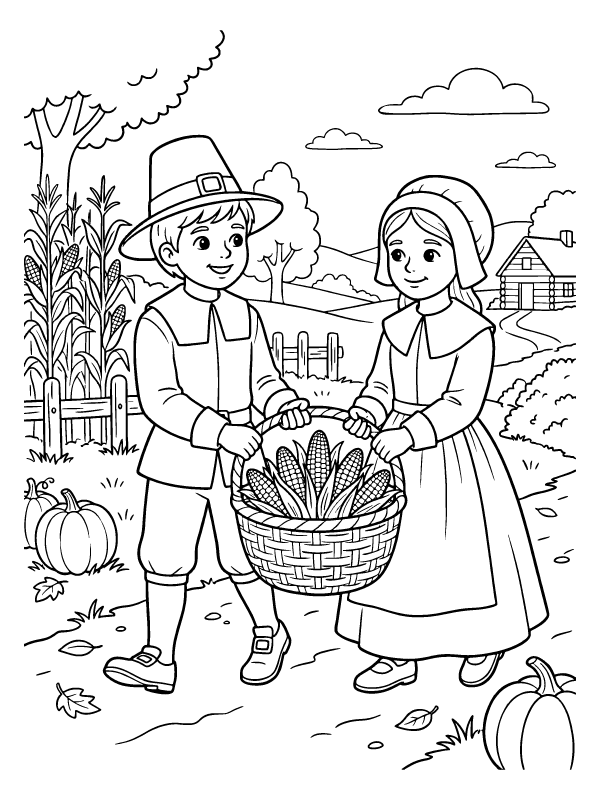Two pilgrim children in traditional clothing carrying a basket filled with corn in a farm setting.