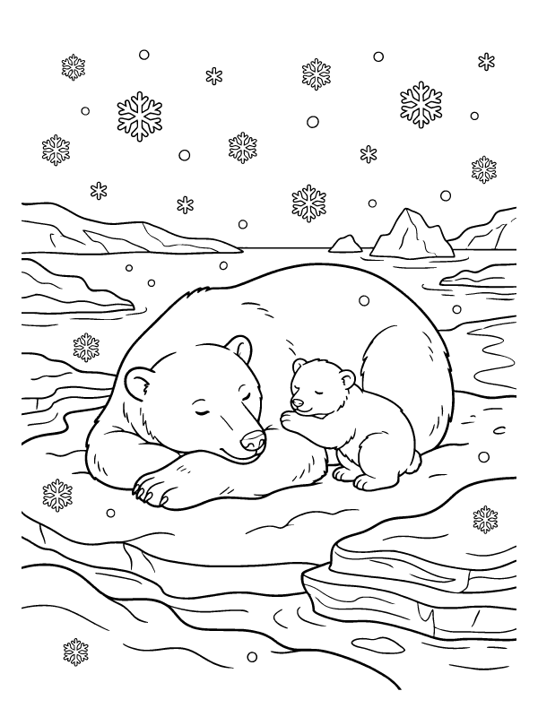 Line art of a mother polar bear and her cub resting on an icy landscape with snowflakes falling.