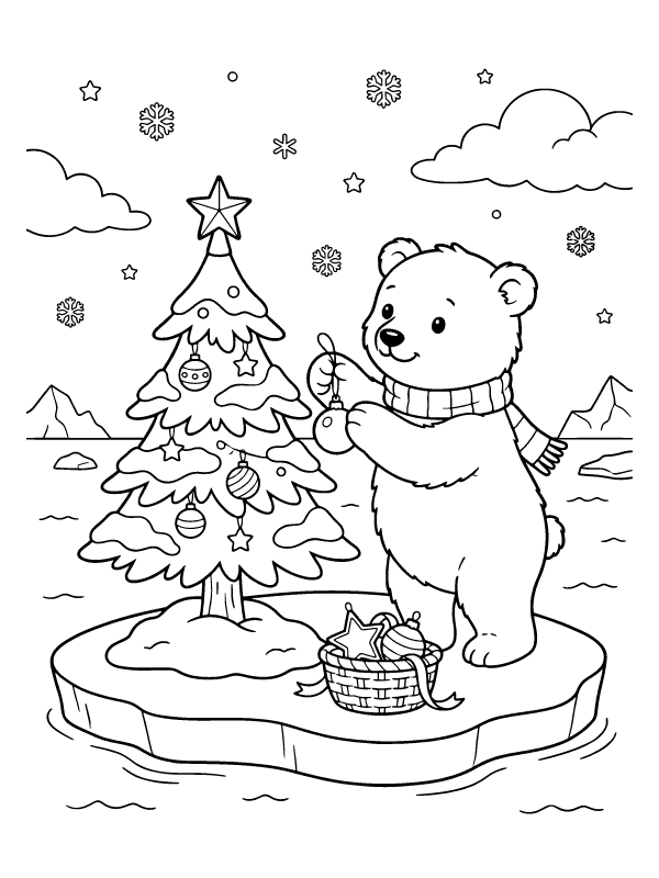 A polar bear cub hanging ornaments on a small pine tree sitting on an ice floe.