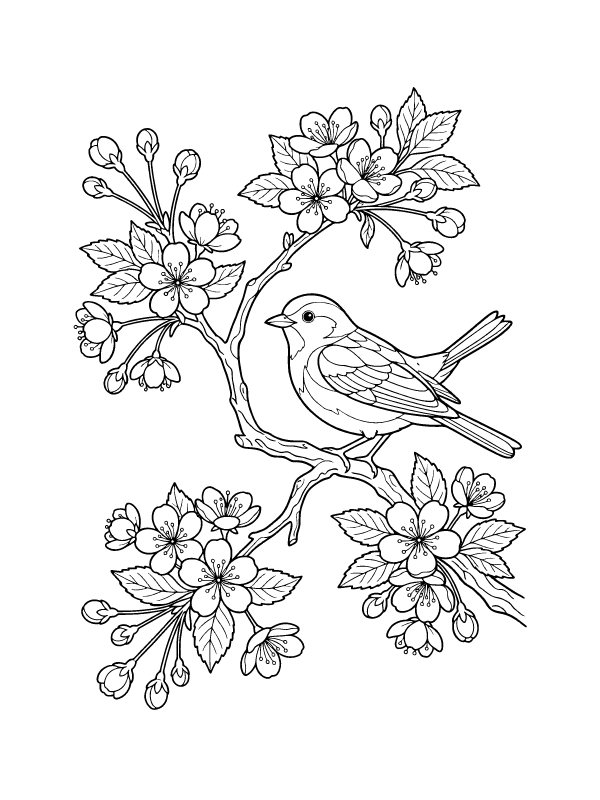 Line art of a small bird perched on a flowering cherry blossom branch with buds and leaves.