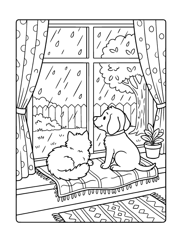 A black and white line art drawing of a cat and dog sitting on a rug looking out a window at the rain.