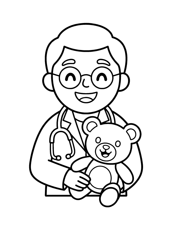 A line art drawing of a smiling male doctor in a white coat and glasses holding a teddy bear.
