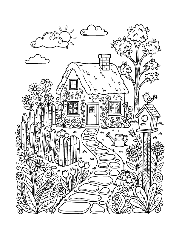 A black and white line art drawing of a thatched roof cottage with a stone path, flower garden, and birdhouse.