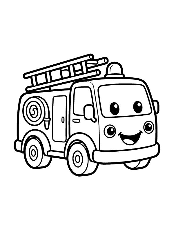A black and white line drawing of a cartoon fire truck with a face, a ladder on top, and a hose.