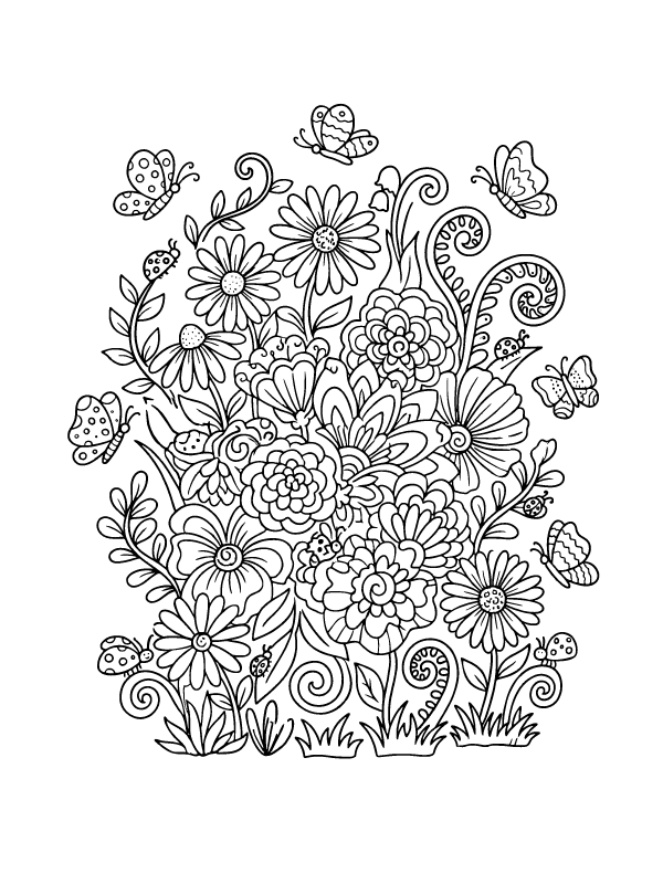 A black and white line art drawing of a dense garden filled with various flowers, leaves, and butterflies.