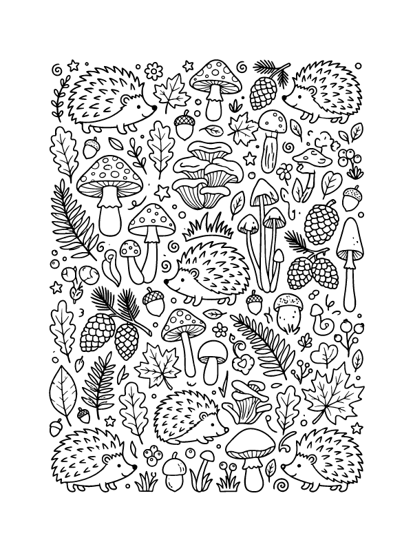 A black and white coloring page featuring several hedgehogs, various mushrooms, pinecones, and forest leaves.