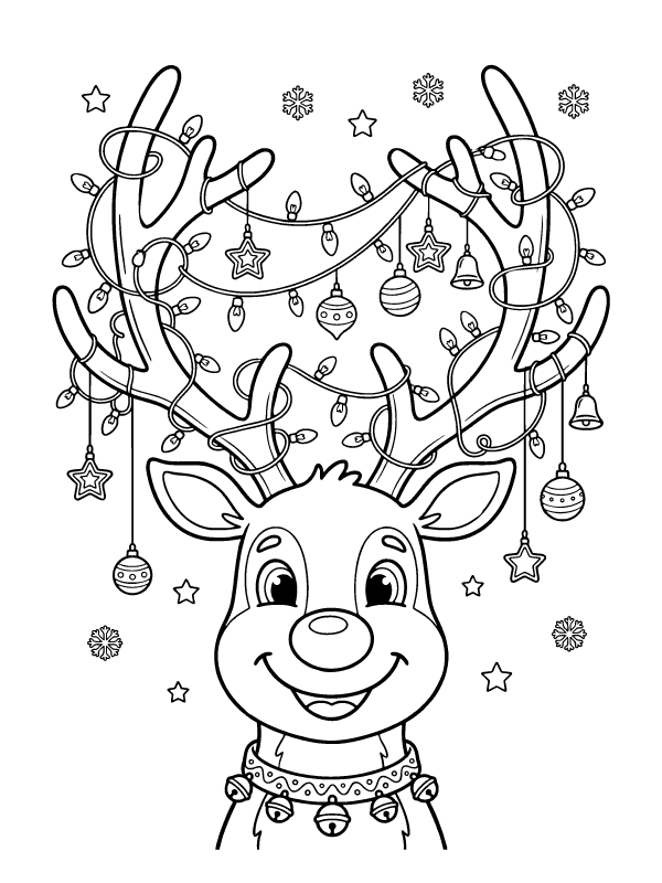 A smiling reindeer face with large antlers wrapped in a string of festive lights and hanging ornaments.