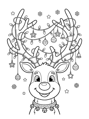 A smiling reindeer face with large antlers wrapped in a string of festive lights and hanging ornaments.