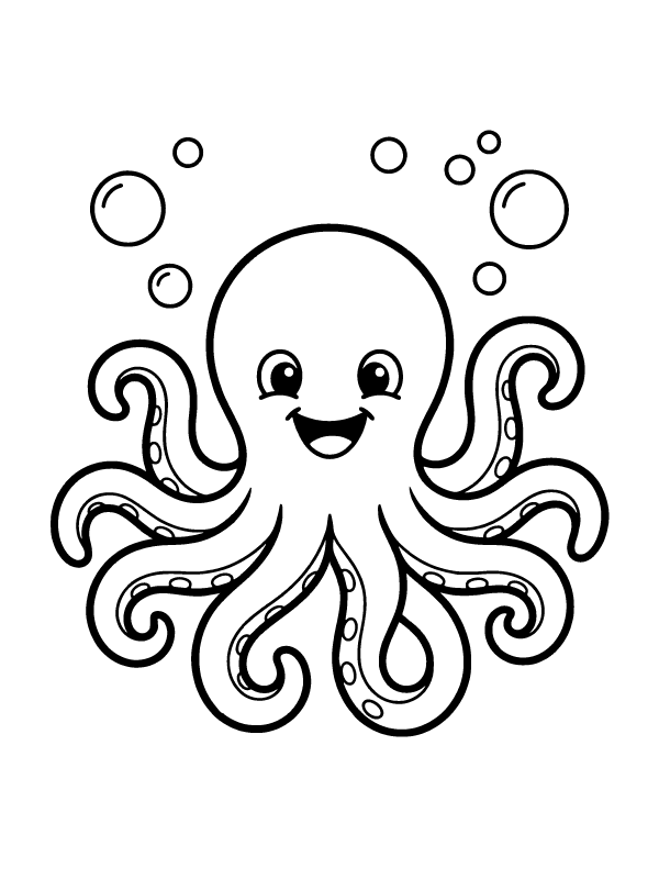 A black and white line drawing of a smiling octopus with large eyes and bubbles in the background.