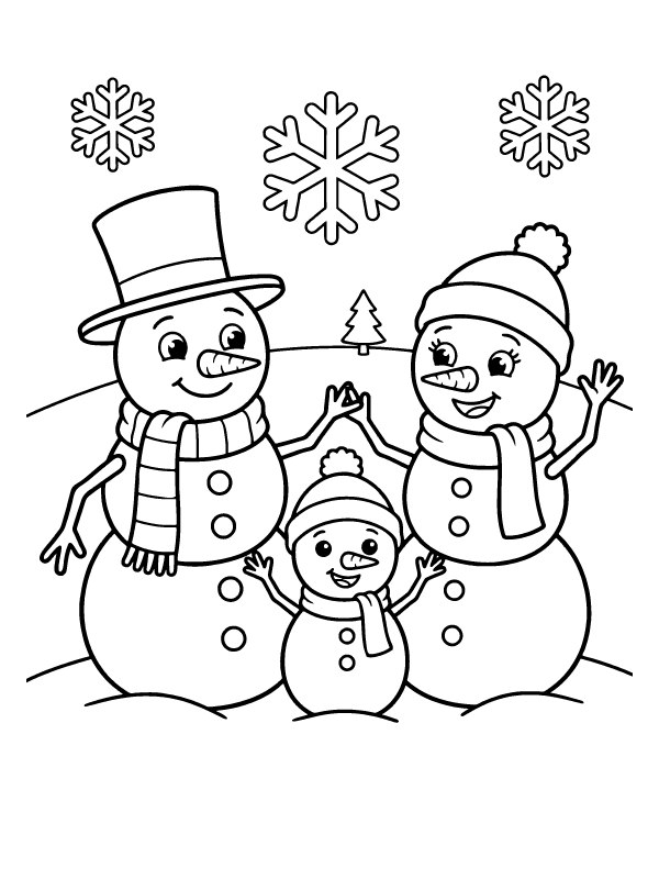 Three cartoon snowmen with hats and scarves standing together under large snowflakes.