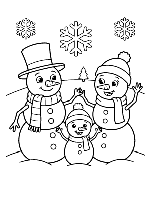 Three cartoon snowmen with hats and scarves standing together under large snowflakes.