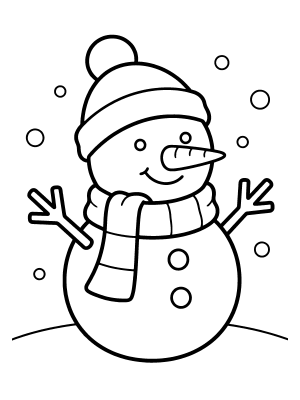 A line art drawing of a smiling snowman wearing a beanie hat and a striped scarf with snow falling in the background.