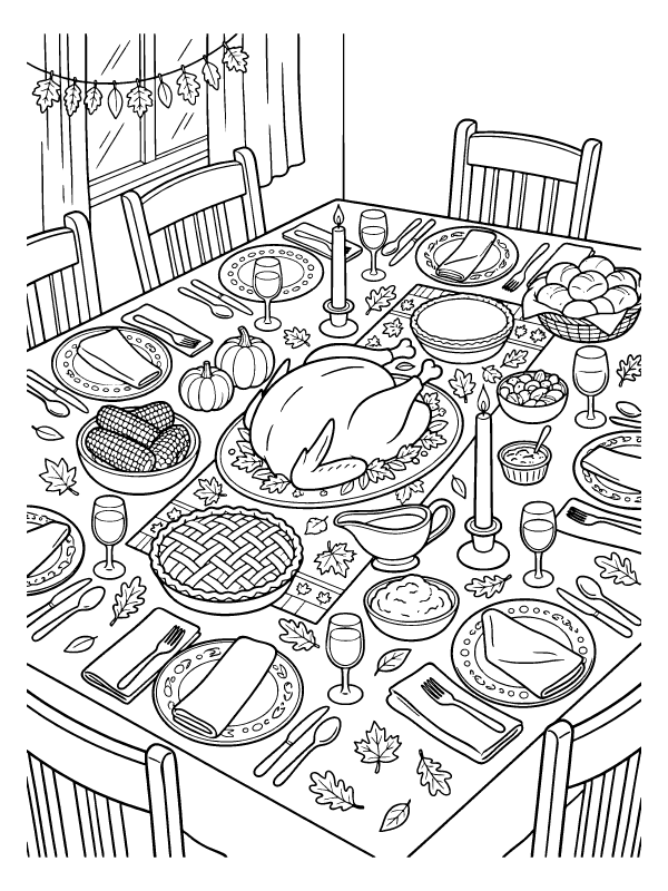 Black and white line art of a thanksgiving dinner table with a roast turkey, pies, corn, and candles.