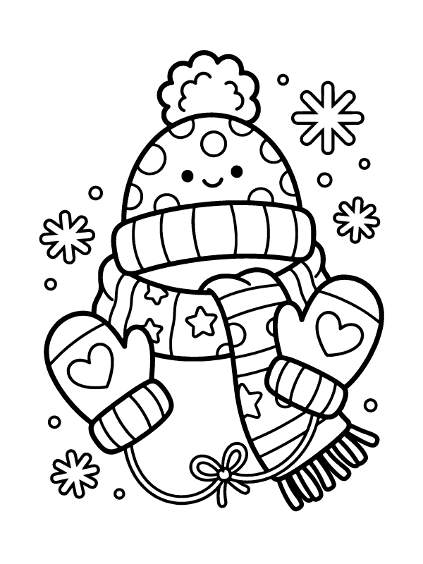 A cartoon winter hat with a pompom, a striped scarf, and mittens with heart patterns surrounded by snowflakes.
