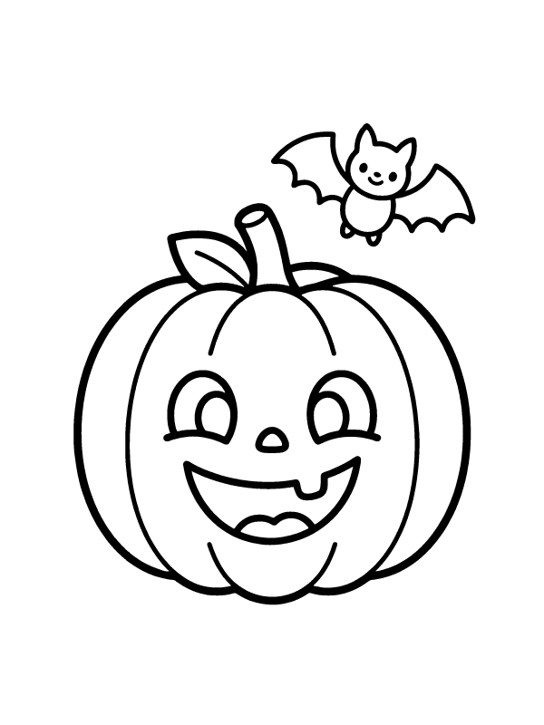 A line drawing of a smiling pumpkin jack-o-lantern with a small bat flying above it.