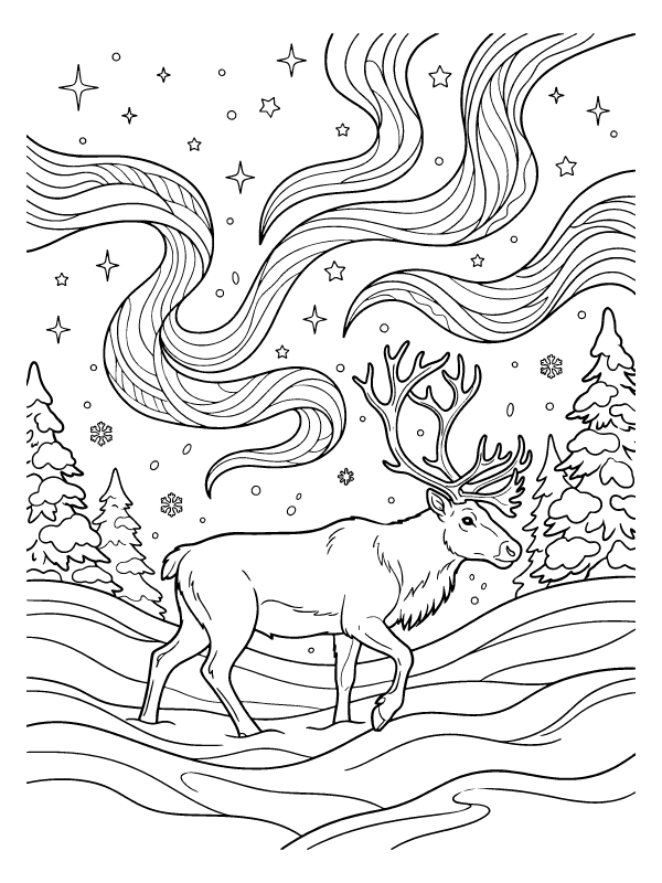 Line art of reindeer walking through deep snow under a sky filled with northern lights and stars.