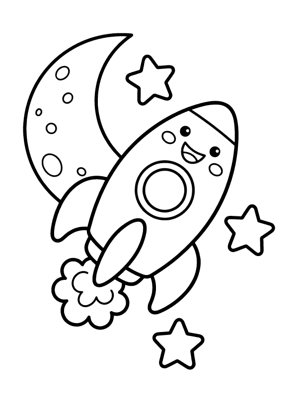A cartoon rocket ship with a smiling face flying past a crescent moon and stars.