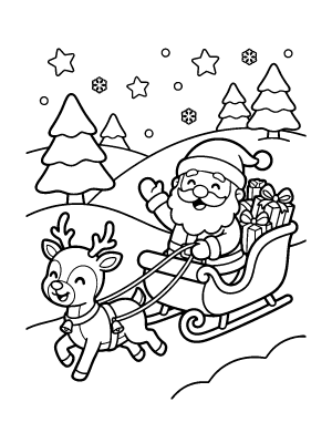 A cartoon Santa Claus waving from a sleigh filled with gifts, pulled by a reindeer over snowy hills and trees.