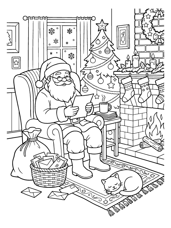 Santa Claus sitting in an armchair reading letters near a fireplace with a sleeping cat on a rug.