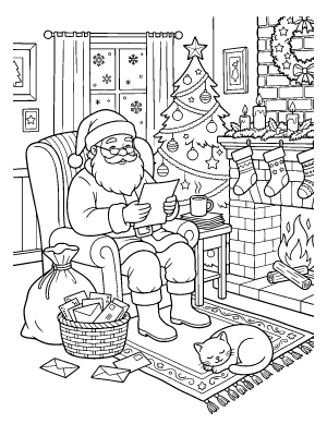 Santa Claus sitting in an armchair reading letters near a fireplace with a sleeping cat on a rug.