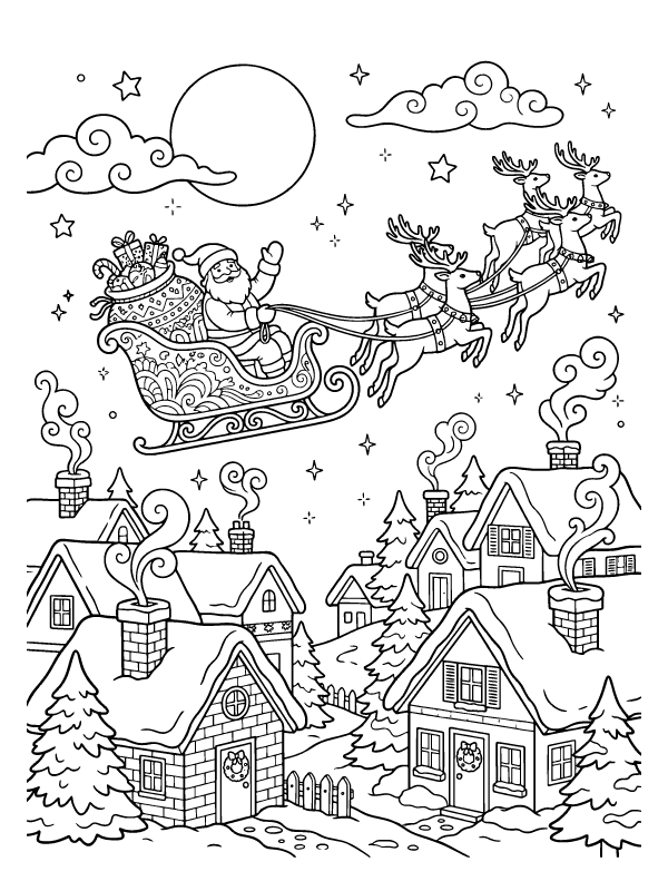 A line art drawing of a sleigh pulled by reindeer flying over snowy houses and chimneys under a full moon.