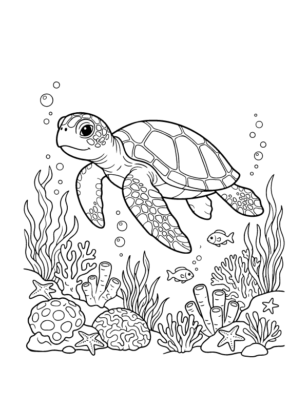 A line art drawing of a sea turtle swimming above a coral reef with fish, bubbles, and seaweed.