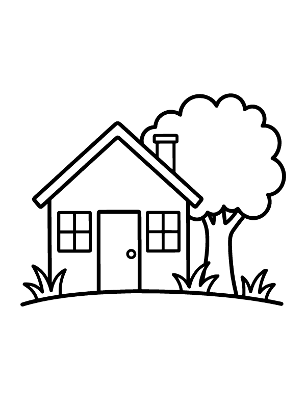 A simple line drawing of a small house with a chimney, a large tree, and grass.