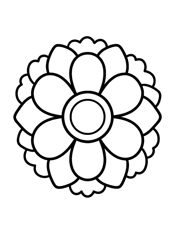 A symmetrical black and white line drawing of a stylized flower mandala with rounded petals.
