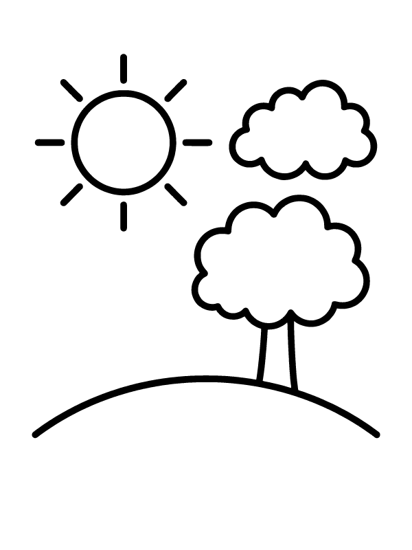 Line drawing of a sun, a cloud, and a tree on a hill.