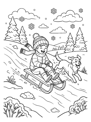A child in a winter hat and scarf rides a sled down a snowy hill with a dog running beside them.
