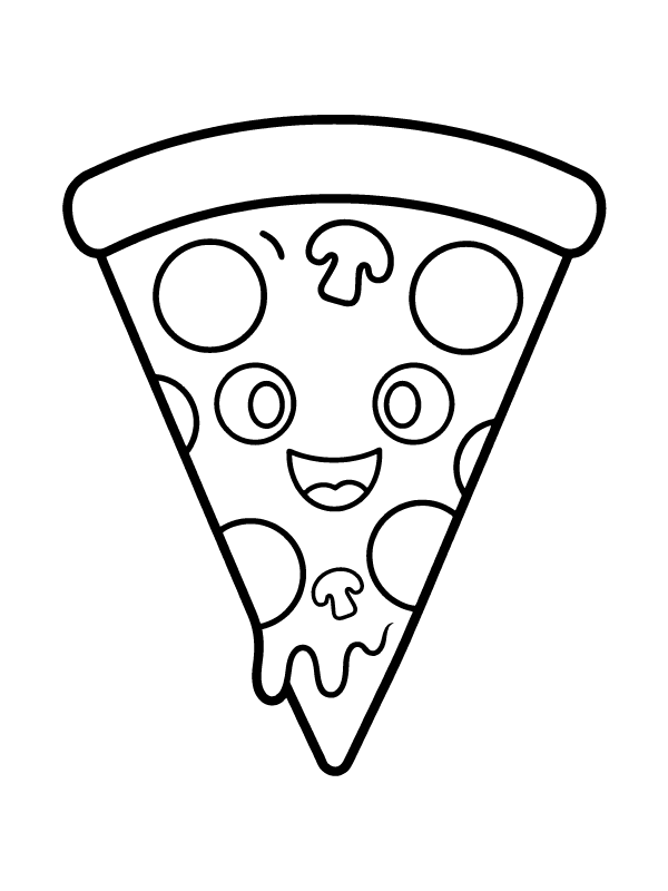A black and white line drawing of a pizza slice with a face, eyes, and a smile.