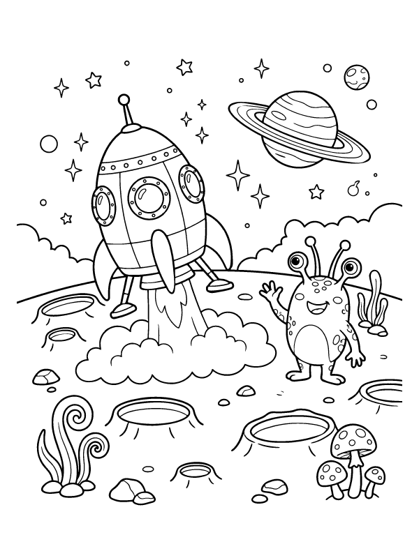 A line art drawing of a rocket ship landing on a planet surface with a small alien and craters.
