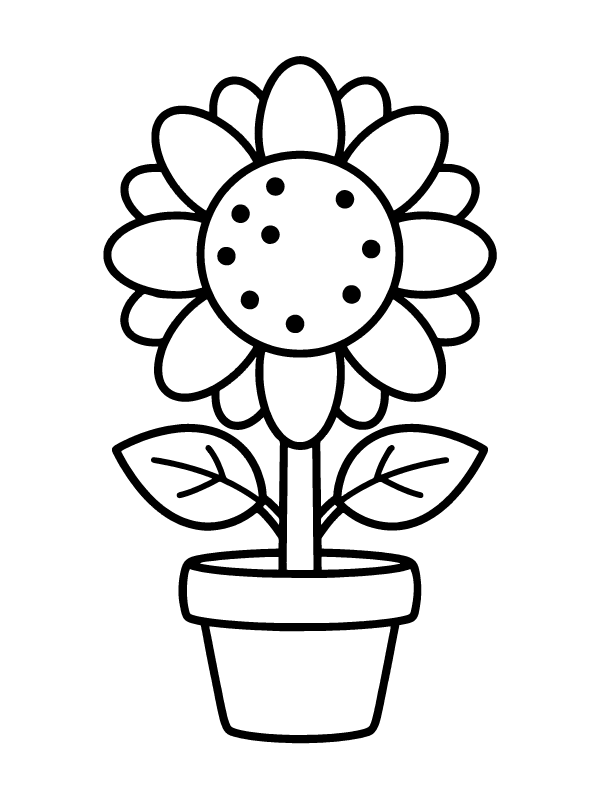 A black and white line drawing of a sunflower in a pot with two large leaves and a stem.
