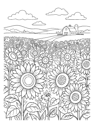 Line art of a sunflower field with large flowers in the foreground and a barn in the distance under clouds.