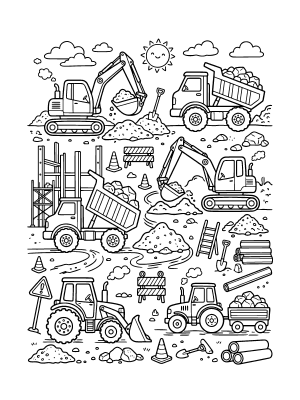 Line art of excavators, dump trucks, a tractor, and construction site elements like cones and logs.