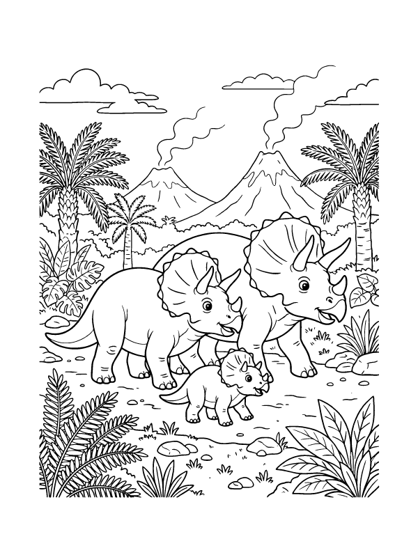 Line art of a triceratops family with a baby walking in a prehistoric landscape with palm trees and volcanoes.