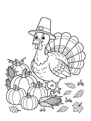 A turkey wearing a pilgrim hat standing next to pumpkins and corn on a white background.