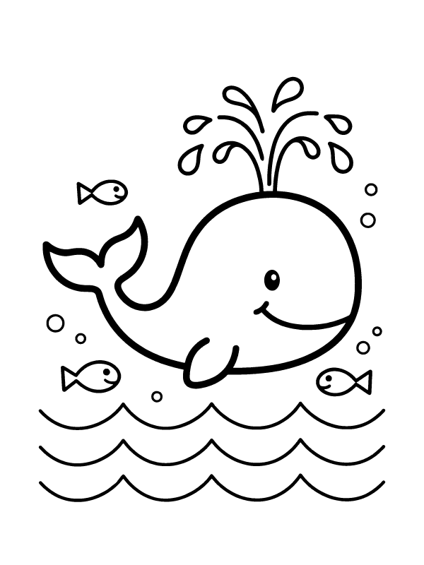 A line drawing of a whale blowing water from its head with small fish and waves.