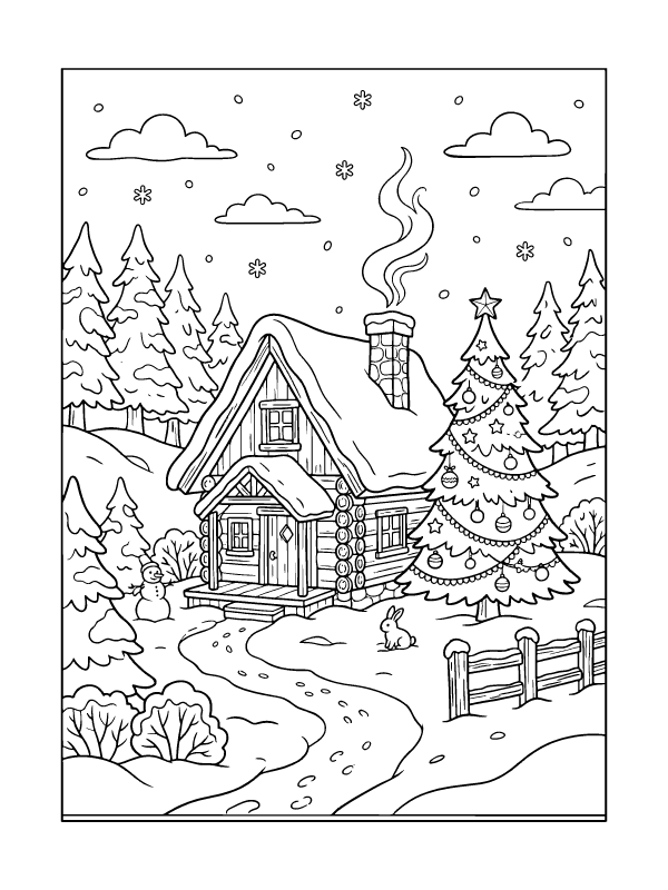 Black and white coloring page of a log cabin in a snowy forest with a decorated Christmas tree and a snowman.
