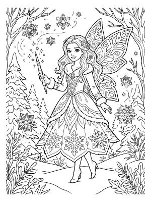 A winter fairy with snowflake wings holding an icicle wand in a snowy forest with pine trees.