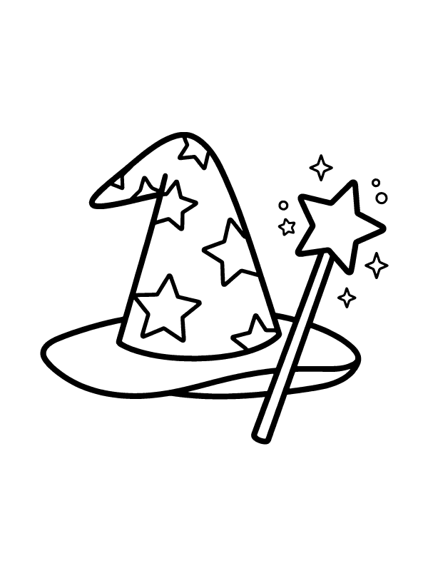 Line art of a tall wizard hat with stars and a magic wand with a star tip.