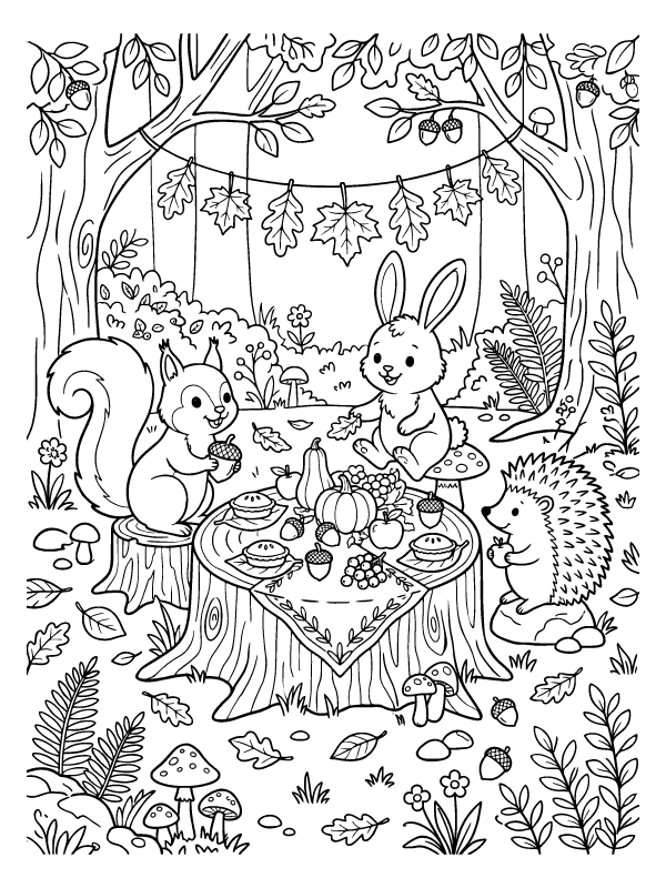A squirrel, bunny, and hedgehog share a harvest feast with fruits and vegetables on a tree stump in a forest.